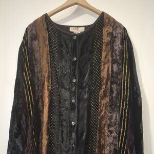 VTG Button-down Top Velvet Metallic Striped Whimsigoth Boho 90s Grunge Lagenlook
